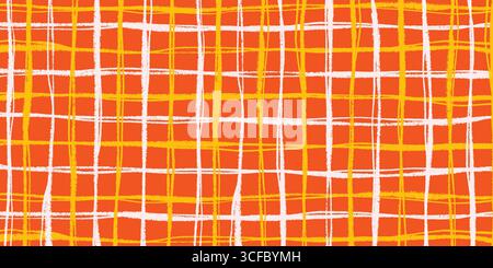 Sfondo a quadri astratto senza cuciture con strisce disegnate a mano in arancione, giallo e bianco. Sfondo a scacchi ruvido per tessuti, tessuti e. Illustrazione Vettoriale