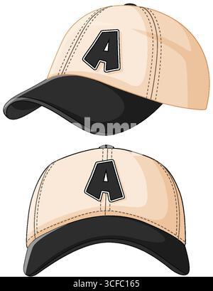 Illustrazione vettoriale stilizzata di due berretti da baseball con una lettera A in grassetto, con colori beige e nero Illustrazione Vettoriale
