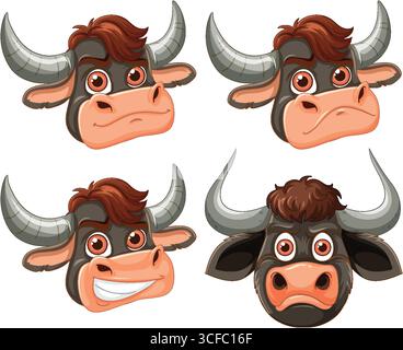 Illustrazione vettoriale di quattro teste di bufalo cartoni animati che mostrano diverse espressioni facciali, con contorni audaci, colori vivaci e uno sfondo bianco pulito Illustrazione Vettoriale