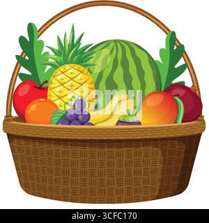 Illustrazione vettoriale colorata di vari frutti, tra cui ananas, anguria, banane e uva disposti in un cesto di vimini marrone con un bac bianco Illustrazione Vettoriale