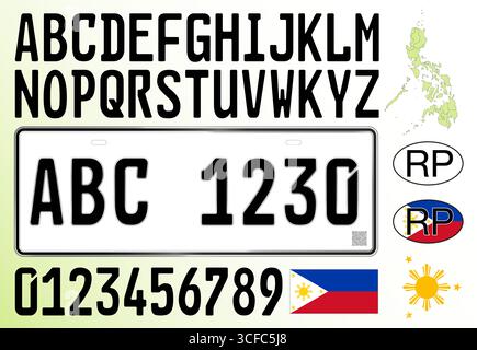 Modello della targa dell'auto Filippine, lettere, numeri e simboli, illustrazione vettoriale, paese asiatico Illustrazione Vettoriale