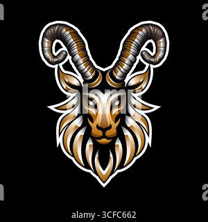 Illustrazione vettoriale del logo della testa di capra. Simbolo di animali dalle corna forti, perfetto per il design di Capricorno, mascotte, tatuaggi o emblemi aziendali. Illustrazione Vettoriale