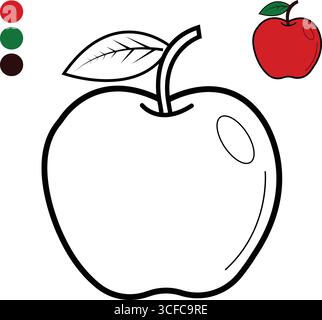 Illustrazione vettoriale chiara di una singola mela con una foglia e uno stelo, presentata come pagina di colorazione stampabile con campioni di colore consigliati per l'edu Illustrazione Vettoriale
