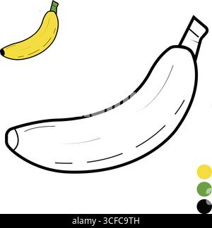 Illustrazione vettoriale ad alta risoluzione di un singolo frutto di banana con stelo e campioni di riferimento a colori, perfetta per una pagina da colorare stampabile o. Illustrazione Vettoriale