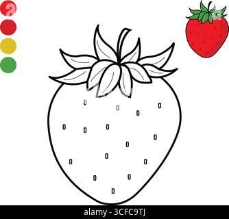 Illustrazione vettoriale pulita di un singolo frutto di fragola, completo di foglie e semi, progettato per essere utilizzato come pagina di colorazione stampabile o educa Illustrazione Vettoriale