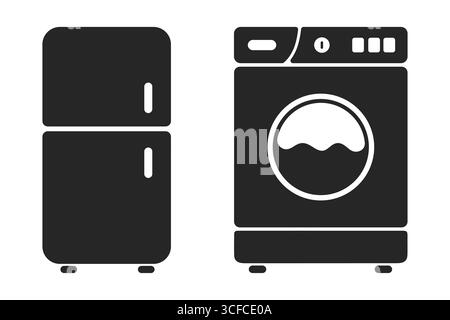 Icone Vector frigorifero e lavatrice. Silhouette di elettrodomestici per cucina e lavanderia Illustrazione Vettoriale