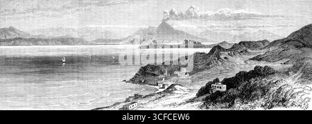 Il terremoto dell'Isola d'Ischia: Vista dal giardino della Gran Sentinella, 1881. "La scorsa settimana è stato dato un resoconto del devastante terremoto e della perdita di vite umane di venerdì 4 marzo, a Casamicciola, nell'Isola d'Ischia, nel Golfo di Napoli...da allora abbiamo ricevuto da un corrispondente di Napoli, R. Michely, diversi bozzetti, con fotografie che rappresentano gli effetti reali di questo grande disastro. Abbiamo dato una breve descrizione dell'isola, con le sue piccole città e i suoi villaggi, e il Monte Epomeo, un vulcano estinto, che sorge al centro. Casamicciola, famosa per le sue sorgenti medicinali, è un Foto Stock