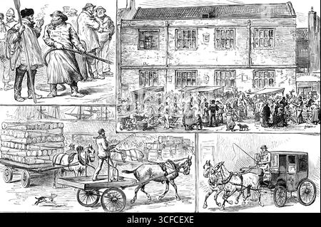 Inizio della Hull, Barnsley e West Riding Railway and Dock - sbocchi a Hull, 1881. « 1. Pescatori di scafo, 2. Vecchia scuola elementare. 3) Hull Trollies. 4) un Hull Cab... schizzi, da parte del nostro artista, delle classi di persone e veicoli stradali che colpiscono l'attenzione del visitatore". Da Illustrated London News", 1881. Foto Stock