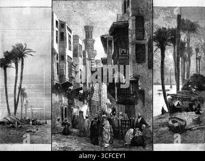 Schizzi al Cairo, 1883. "...schizzi del pittoresco quartiere nativo della capitale egiziana, delle tende beduine vicino a Ghizeh e dei cottage dei barcaioli sulle rive del Nilo...la vista sulla strada...è un buon esempio delle caratteristiche mode dell'antica architettura di Cairene; con i suoi negozi al piano terra, che sono semplici incavi in pietra nella parete anteriore, ...itpiani superiori intonacati, sporgenti su mensole, e che sostengono la proiezione di finestre spesso assate a graticati a mano; gli attici oscuranti per escludere il sole ardente dell'Egitto; e i frequenti m Foto Stock