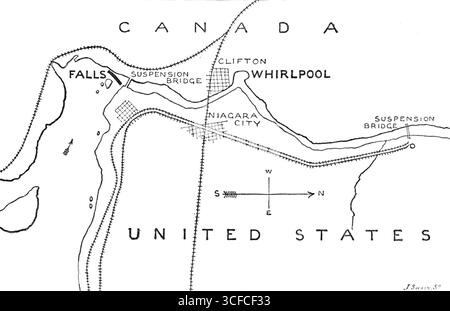 Mappa delle rapide e dell'idromassaggio sotto le cascate del Niagara, 1883. 'Captain Matthew Webb, incomparabilmente il più grande nuotatore mai conosciuto,...perished...in il suo folle tentativo di nuotare lungo le fantastiche rapide e attraverso l'idromassaggio&#x2026;la quantità complessiva di acqua che si riversa su queste cascate ogni minuto è di circa centosettanta milioni di galloni. Un peso di cento milioni di tonnellate passa in un'ora... immediatamente sotto le cascate, l'acqua è di 100 piedi. Profondi; poi vieni a scogliere sommerse, che riempiono a metà il canale; e sotto queste si trovano le rapide, che iniziano a circa un chilometro e mezzo dalla caduta Foto Stock