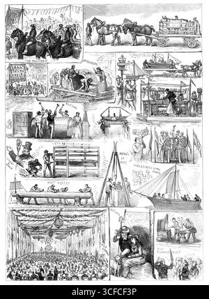 Inizio della Hull, Barnsley e West Riding Railway and Dock: Processione e banchetto, 1881. "The Rullymen; [cavalli da tiro e mucca premio]; coro Hull Festival; muratori; [carnevale galleggiante, modellino di nave e falegnameria]; rivettatura; cuore &amp; mano; lath rendering al lavoro; muratori al lavoro; minatori ragazzi con lampade; costruttori di alberi; [posa pietra di fondazione]; il banchetto; pastorale; [fucina del fabbro]; l’Esercito della salvezza”. La città celebra la costruzione di una nuova linea ferroviaria. Da Illustrated London News", 1881. Foto Stock