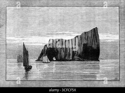Schizzi del Golfo di San Lorenzo, basso Canada: The Rock PERC&#xe9;, disegnati da uno yacht in avvicinamento alla riva, 1881. "Le rive del Golfo di San Lorenzo, aperte alla navigazione solo in estate, con l'estuario del grande fiume San Lorenzo, che costituisce l'autostrada del traffico marittimo per il vasto Dominion del Canada, durante la maggior parte dell'anno, presentano alcuni dei più bei paesaggi costieri del mondo occidentale. Il golfo è attraversato, in generale, dall'ampio passaggio a sud di Cape Ray, Terranova, tra quell'isola e Capo Breton; ma le navi a vapore Allan nella stagione giusta, AN Foto Stock