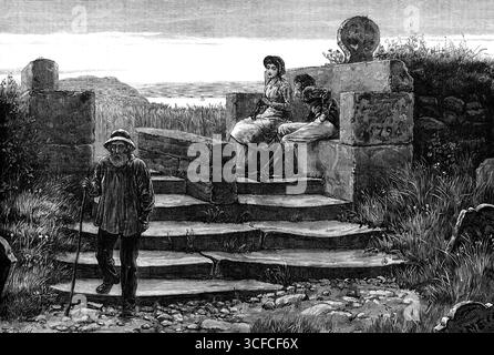 Un cimitero della Cornovaglia, St. Levan, Land's End, 1881. St. Levan, che è arrivato a questo punto da Bodillan, a poco più di un chilometro di distanza, ha trovato qui un pozzo di acqua dolce, sull'orlo della scogliera. Prese pietre e costruì un battistero rude, le cui pareti, ricoperte di rughe e piante acquatiche, possono ancora essere viste; fu anche costruita una piccola cappella, di cui non rimane nulla. La chiesa dedicata alla sua memoria, che si trova a distanza di un solco dietro la collina, in una situazione molto isolata, fu costruita all'inizio del XIII secolo, ma la torre non ha molto più di cento anni... il terreno Foto Stock