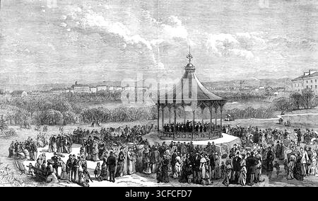Il centenario di George Stephenson a Newcastle-on-Tyne: Vista nel Leazes Park, 1881. "...una festa popolare... [per] il centesimo anniversario di George Stephenson". Illustrazione pubblicata in un supplemento speciale per celebrare il centenario della nascita dell'ingegnere civile e meccanico britannico George Stephenson (1781-1848). Leazes Park è classificato Grade II ed è il parco più antico della città, inaugurato nel 1873. Da "Illustrated London News", 1881. Foto Stock