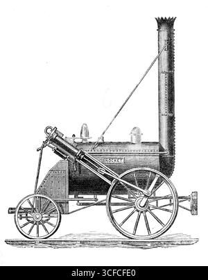 George Stephenson, padre delle Ferrovie: The Rocket, 1881. La prima locomotiva a vapore che vinse le prove Rainhill, tenutesi nell'ottobre 1829 per dimostrare che le locomotive migliorate sarebbero state più efficienti dei motori a vapore stazionari 'per la famosa prova, e il premio di &#xa3;500, quattro motori sono stati inseriti nella "Novelty" di Braithwaite e Ericson, "Novelty" di Timothy Harkworth, "Sanspariel", "Rocket" di Stephenson and Company e la "perseveranza del signor Burstall, tuttavia, fu rinviata" Foto Stock