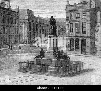 Il secolo di George Stephenson: monumento a Stephenson a Newcastle-on-Tyne, 1881. Il monumento, all'incrocio tra Westgate Road e Neville Street, è stato progettato da John Graham Lough. Illustrazione pubblicata in un supplemento speciale per celebrare il centenario della nascita dell'ingegnere civile e meccanico britannico George Stephenson (1781-1848). Da "Illustrated London News", 1881. Foto Stock