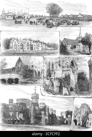 The Bath and West of England Agricultural Show a Tunbridge Wells, 1881. « 1. Ingresso allo Show-Yard. 2) Abbazia di Bayham. 3) il vecchio ponte di Bayham. 4) Bridge Castle. 5) Chiesa di Bayham. La vecchia abbazia, Bayham. 7) Tunbridge Castle...Eridge Castle, anche se non è un edificio antico, è situato in un demesne che è appartenuto alla famiglia di Lord Abergavenny (i Beauchamp Nevilles, grandi personaggi del Plantagenet regna) quasi cinquecento anni. La regina Elisabetta soggiornò sei giorni nel vecchio castello, nel 1578. Il parco è vasto e molto boscoso; le piantagioni di abeti sono straordinariamente belle. La villa di Bayh Foto Stock