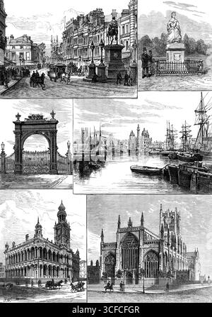 Inizio della Hull, Barnsley e West Riding Railway and Dock - vedute di Hull, 1881. Incisioni da fotografie dei signori W. J. Wellsted e Son. « 1. Market-Place, con la statua di re Guglielmo III. 2. Statua della regina Vittoria nel parco. 3) Park Gate. 4) Princess Dock, con il Dock Office e il Wilberforce Monument. 5) Townhall, a Lowgate. 6. Chiesa della Santissima Trinità (Vista Ovest)...la città stessa non è molto bella, ma ha diversi edifici buoni, due o tre dei quali sono mostrati nelle nostre illustrazioni. Il Dock Office, situato tra il Queen's e il Junction Dock, è un bell'albergo Foto Stock