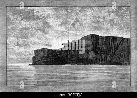 Schizzi del Golfo di San Lorenzo, basso Canada: faro all'ingresso di Gasp&#xe9; Bay, 1881. "Le rive del Golfo di San Lorenzo, aperte alla navigazione solo in estate, con l'estuario del grande fiume San Lorenzo, che costituisce l'autostrada del traffico marittimo per il vasto Dominion del Canada, durante la maggior parte dell'anno, presentano alcuni dei più bei paesaggi costieri del mondo occidentale. Il golfo è attraversato, in generale, dall'ampio passaggio a sud di Cape Ray, Terranova, tra quell'isola e Capo Breton; ma le navi a vapore Allan alla stagione giusta e con un clima favorevole Foto Stock