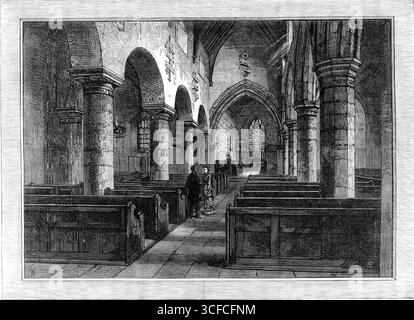 Interno della Newburn Church, dove George Stephenson si sposò nel 1881. Il 28 novembre 1802, George Stephenson sposò Fanny Henderson nella chiesa di Newburn. Illustrazione pubblicata in un supplemento speciale per celebrare il centenario della nascita di Stephenson. George Stephenson (1781-1848) è stato un ingegnere civile e ingegnere meccanico britannico, noto come il "padre delle ferrovie". La chiesa normanna di St Michael and All Angels, vicino a Newcastle upon Tyne, è un edificio storico. Da "Illustrated London News", 1881. Foto Stock