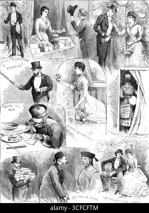 Serata festiva all'esposizione internazionale della pesca, 1883. "Uno dei camerieri; il chiosco della duchessa di Albany; catturato; pescatore; il chiosco della principessa di Galles; Un bel mistero; mentre aspetti; Una rosa molto apprezzata; Un pesce di successo; Un occhio sulla Cina; per il bene della chiesa. [Intrattenimento] in aiuto del fondo per erigere una chiesa inglese a Berlino...[la] Principessa di Galles... si unì alla vendita dei "bottoni" floreali e dei "nodi di spalla", forniti da fiori delle Indie occidentali. La duchessa di Albany vendette tazze di tè in un chiosco della corte cinese, presiedette la stufa Foto Stock
