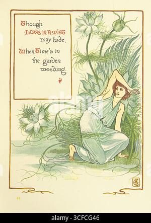 Anche se Love-in-A-Mist può nascondersi, quando il tempo è nel giardino diserbo, 1899. Pianta personificata come fata o sprite, illustrazione di un libro per bambini. Pagina 91 da "A Floral Fantasy in an Old English Garden. Set Forth in Verses &amp; Colored Designs", scritto e illustrato da Walter Crane, [1899]. Foto Stock