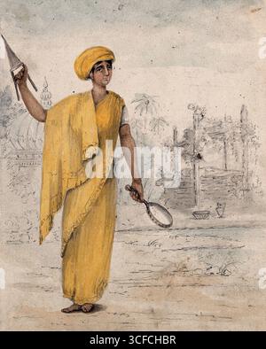 Una donna indiana, in procinto di essere bruciata sulla pira funeraria del marito morto, 1814. Sembra che abbia in mano un katar, un tipo di pugnale. Foto Stock