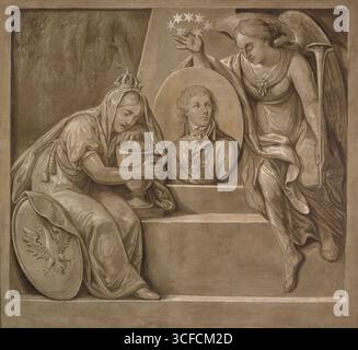 Apotheosis di Kosciuszko, 1818. Parete anteriore del catafalco decorata con un dipinto con una scena allegorica, raffigurante la personificazione della Patria in una veste lutto, seduta sui gradini del monumento Kosciuszko, abbracciando l'urna con le sue ceneri. Ai suoi piedi, a sinistra, c'è uno stemma con un'aquila coronata, l'emblema della Repubblica di Polonia. Al centro della composizione, sul gradino superiore dell'obelisco, c'è un ritratto ovale di Kosciuszko, che lo mostra in un busto, vestito con una camara stilizzata, cinta con una fascia di un generale, con pinzato al petto il dec Foto Stock