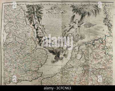 Mappa della Germania che mostra la guerra dal 1755 al 1763 (1765). "Carte d'Allemagne pour server à l'intelligence de l'histoire de la guerre entre les Roys de France et d'Angleterre; entre le Roy de Prusse et l'Impératrice Reine, l'Electeur de Saxe, l'Empire, la Suede, et la Russie. Dans laquelle su un marqué les Batailles, combats, Pries de Villes, et Camps qu'on un entrer di puy faire. On y a trace les Routes publiques et joint une Histoire abrégé des principaux faits Militaires arriva tant sur terre que sur Mer, jusqu'aux traitéS de Paix, Enrichié et Entourée de 74 Pla Foto Stock