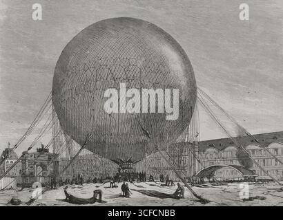 Salita della mongolfiera prigioniera nel Giardino delle Tuileries, esposizione universale di Parigi, 18 luglio 1878. I preparativi per la prima salita del pallone in cattività sono stati verificati il 18 luglio. Da " la Ilustraci&#xf3;n Espa&#xf1;ola y americana", 1878. Foto Stock