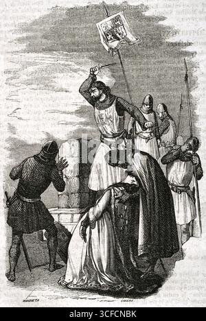 Alonso Pérez de Guzmán gettando il pugnale durante l'assedio di Tarifa, 1296, (1852). Guzmán el Bueno lancia il pugnale per i rapitori per uccidere suo figlio che era stato tenuto in ostaggio. Guzmán, chiamato Guzmán el Bueno (Guzman il buono) (1256-1309), fu un militare e nobile leonese e fondatore della casa di Medina Sidonia. Secondo la leggenda, Guzmán respinse la richiesta di resa della città di Tarifa con parole drammatiche: "Non ho generato un figlio da usare contro il mio paese, ma che doveva servirla contro i suoi nemici. Se Don Juan lo mettesse a morte, Foto Stock