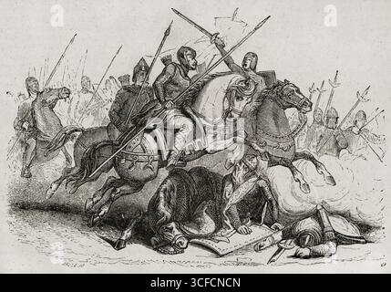 Morte del re visigoto Teodorico i durante la battaglia delle pianure catalane nel 451 d.C. (1852). La battaglia fu combattuta tra la coalizione romana (il generale Flavio Ecio) e Teodorico i contro gli Unni (guidati da Attila). Da " Historia General de España di padre Mariana", Madrid, 1852. Foto Stock