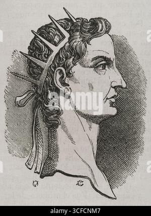 Augusto, primo imperatore romano, 1852. Augusto (63 a.C.-14 d.C.), fondatore dell'Impero Romano, regnò dal 27 a.C. alla sua morte nel 14 d.C. Da "Historia General de España" di padre Mariana, Madrid, 1852. Foto Stock