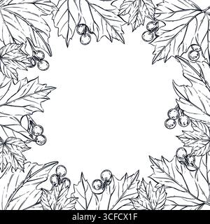 Una cornice quadrata composta da foglie di arbusti viburnum, bacche viburnum. Tutti gli oggetti sono disegnati a mano con inchiostro e convertiti in vettore. L'illustrazione è Illustrazione Vettoriale