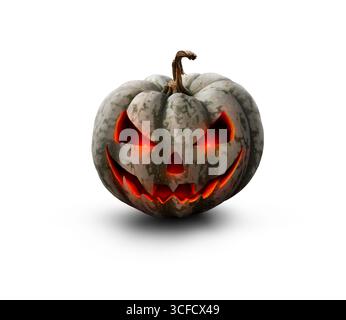 Due spaventose zucche di halloween di colore verde, bianco e arancione, Jack o Lanterna con faccia malvagia e occhi isolati su sfondo bianco Foto Stock