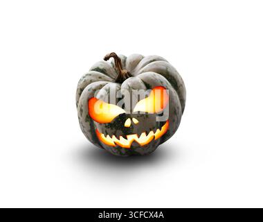 Due spaventose zucche di halloween di colore verde, bianco e arancione, Jack o Lanterna con faccia malvagia e occhi isolati su sfondo bianco Foto Stock