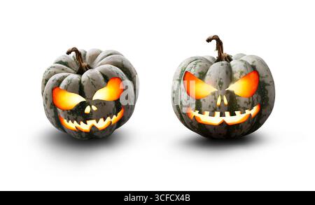 Due spaventose zucche di halloween di colore verde, bianco e arancione, Jack o Lanterna con faccia malvagia e occhi isolati su sfondo bianco Foto Stock