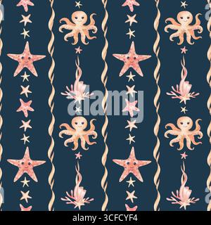 Acquerello stelle marine, polpo personaggi per bambini motivo senza cuciture. Stelle, linee astratte di alghe. Illustrazione isolata su sfondo scuro. Corallo Foto Stock