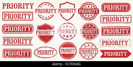 Set timbro priorità Grunge. Collezione di 19 francobolli in gomma Vector Priority Red con texture vintage Grunge. Perfetto per etichette, documenti, Illustrazione Vettoriale