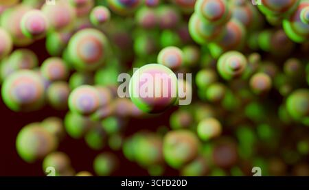 Una vivace gamma di sfere verdi e rosa brillanti che fluttuano in un motivo astratto. Illustrazione, rendering Foto Stock