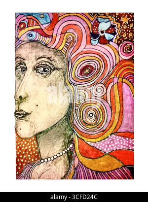 Ritratto astratto con colorate fantasie vorticose e volto femminile stilizzato nel profilo. Foto Stock