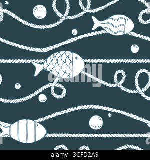 Corde tortuose con pesci e bolle contro il mare notturno turchese, ritmiche e luminose. Illustrazione lineare disegnata a mano. Motivo senza cuciture per Illustrazione Vettoriale