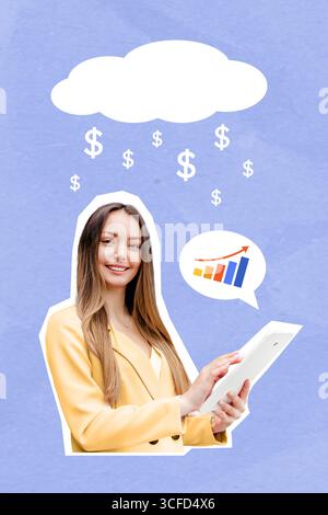 Collage di una donna d'affari che tiene in mano un tablet con un'icona grafico in una bolla di dialogo e una nuvola di pioggia con i dollari sopra la testa sul BL Foto Stock
