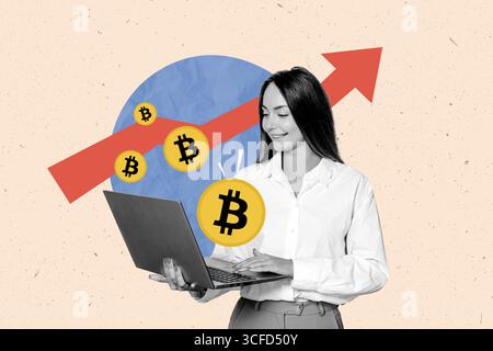 Collage fotografico composito di donna che tiene un laptop con bitcoin. Foto Stock
