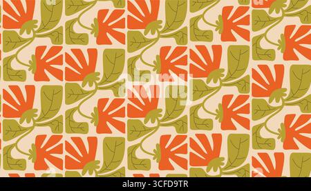 Motivo decorativo senza cuciture in stile hippie retrò con fiori Matisse. Audaci motivi a forma di cartoni animati, ideali per imballaggi, tessuti, cancelleria, wallp Illustrazione Vettoriale