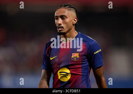 Raphinha del FC Barcelona durante il Joan Gamper Trophy match tra FC Barcelona e Como1907 all'Estadi Johan Cruyff il 10 agosto 2025 a Barcellona, Foto Stock