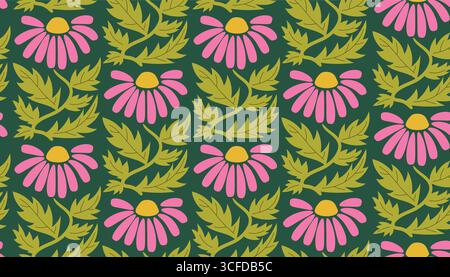 Vivace motivo floreale retrò senza cuciture con motivi in stile Matisse dal design hippie. Elementi decorativi a cartoni animati piatti perfetti per tessuti, packagi Illustrazione Vettoriale