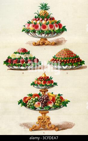 Illustrazioni tardo vittoriane , edoardiane dei primi piatti dolci 1 . Sostare con pesche , grattugi , prugne rosse e. ananas . 2 . Piatto di ribes rosso, nero e bianco 3 . Piatto di ciliegie e fragole 4 . Pezzo centrale con frutta mista Foto Stock