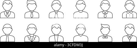 Set di icone Business Avatars Line maschile. Icone utente uomo in tuta e cravatta con diversi stili di acconciatura e abiti Outline Symbol Collection. Tratto modificabile Illustrazione Vettoriale