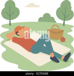 Una persona si sdraia su una coperta in un parco verde con alberi nuvole e un cestino da picnic, godendosi una pausa tranquilla. Illustrazione Vettoriale